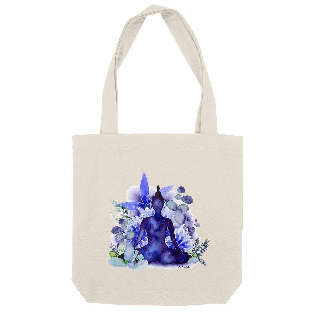 Tote bag recyclé "Ajna", avec un Bouddha serein et des fleurs éclatantes, aux couleurs bleues, inspiré du chakra du troisième œil.