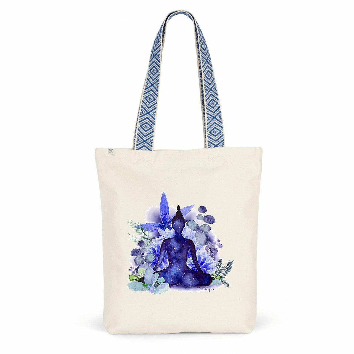 Tote bag "Ajna", avec un Bouddha serein et des fleurs éclatantes, aux couleurs bleues, inspiré du chakra du troisième œil.