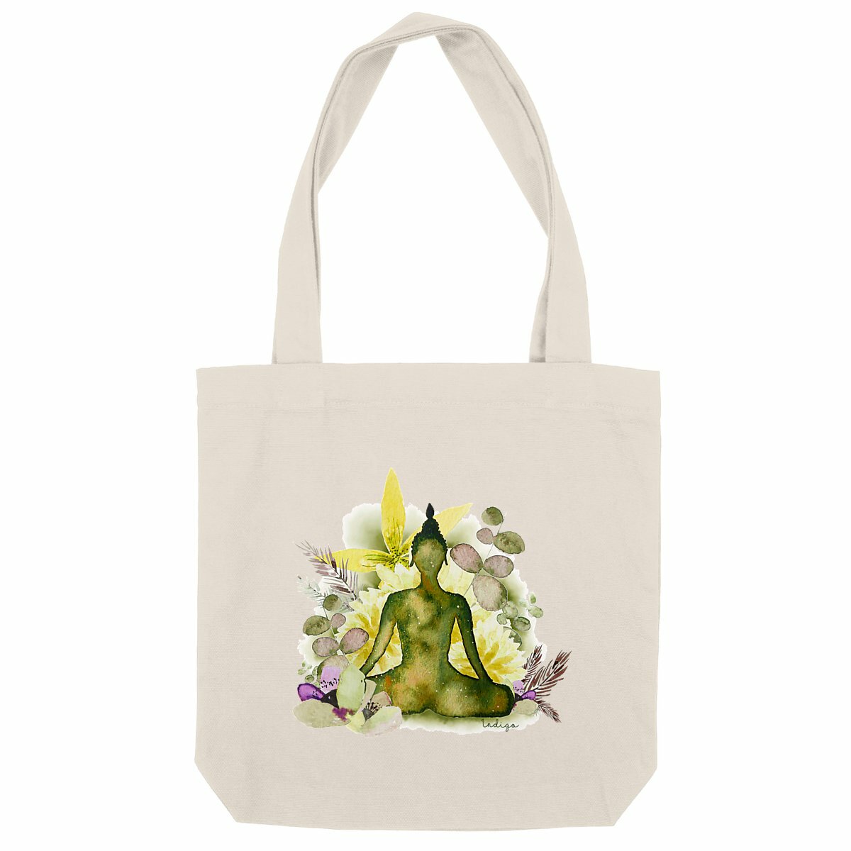 Tote bag recyclé "Anahata", avec un Bouddha serein et des fleurs éclatantes, aux couleurs vertes, inspiré du chakra du coeur.