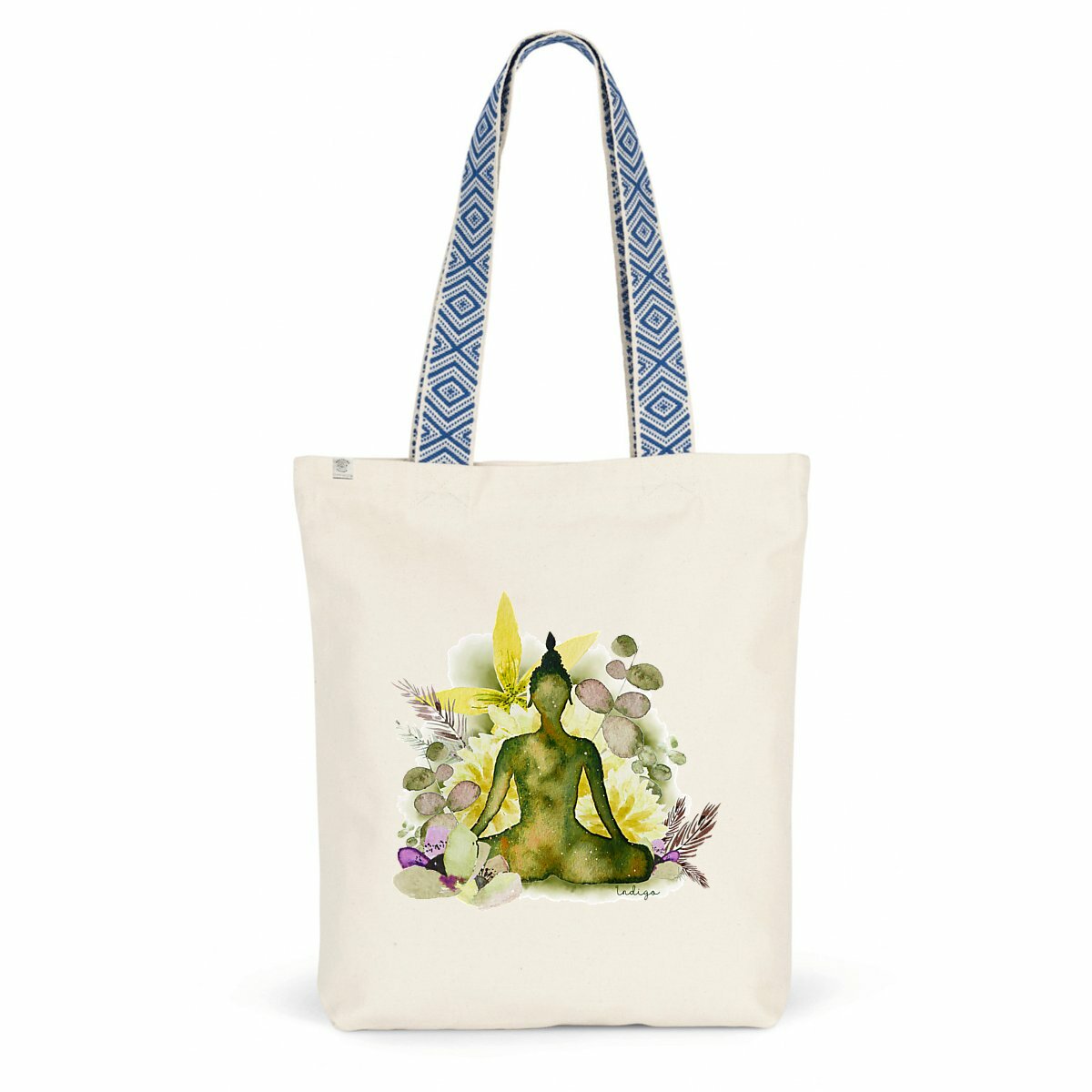 Tote bag recyclé "Anahata", avec un Bouddha serein et des fleurs éclatantes, aux couleurs vertes, inspiré du chakra du coeur.