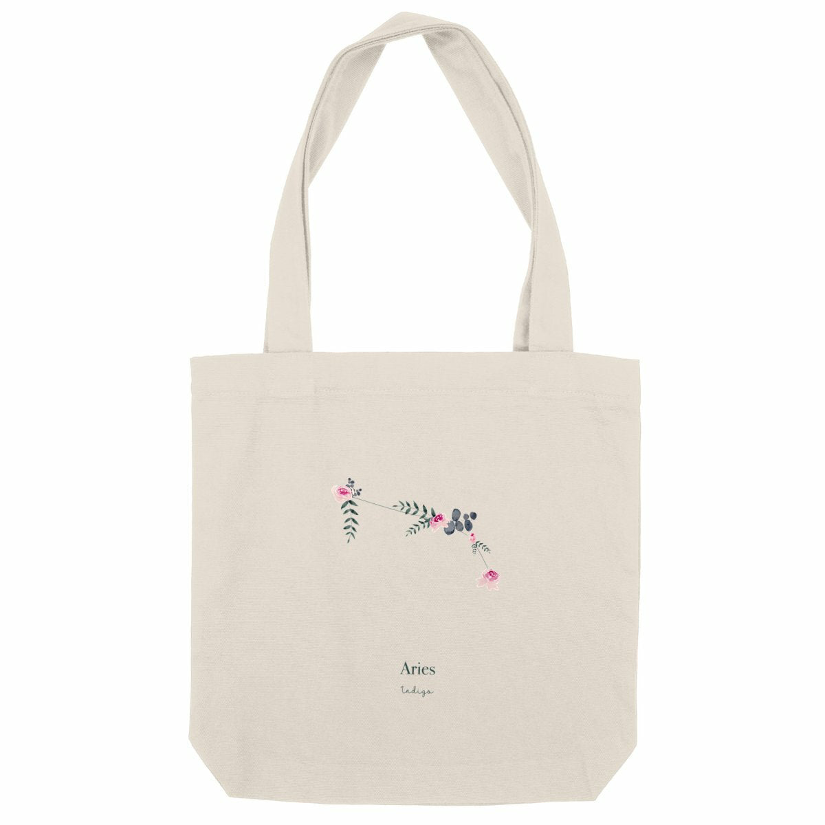 Tote bag recyclé "Aries", représentant la constellation du Bélier composée de fleurs lumineuses dans des tons doux et apaisants.