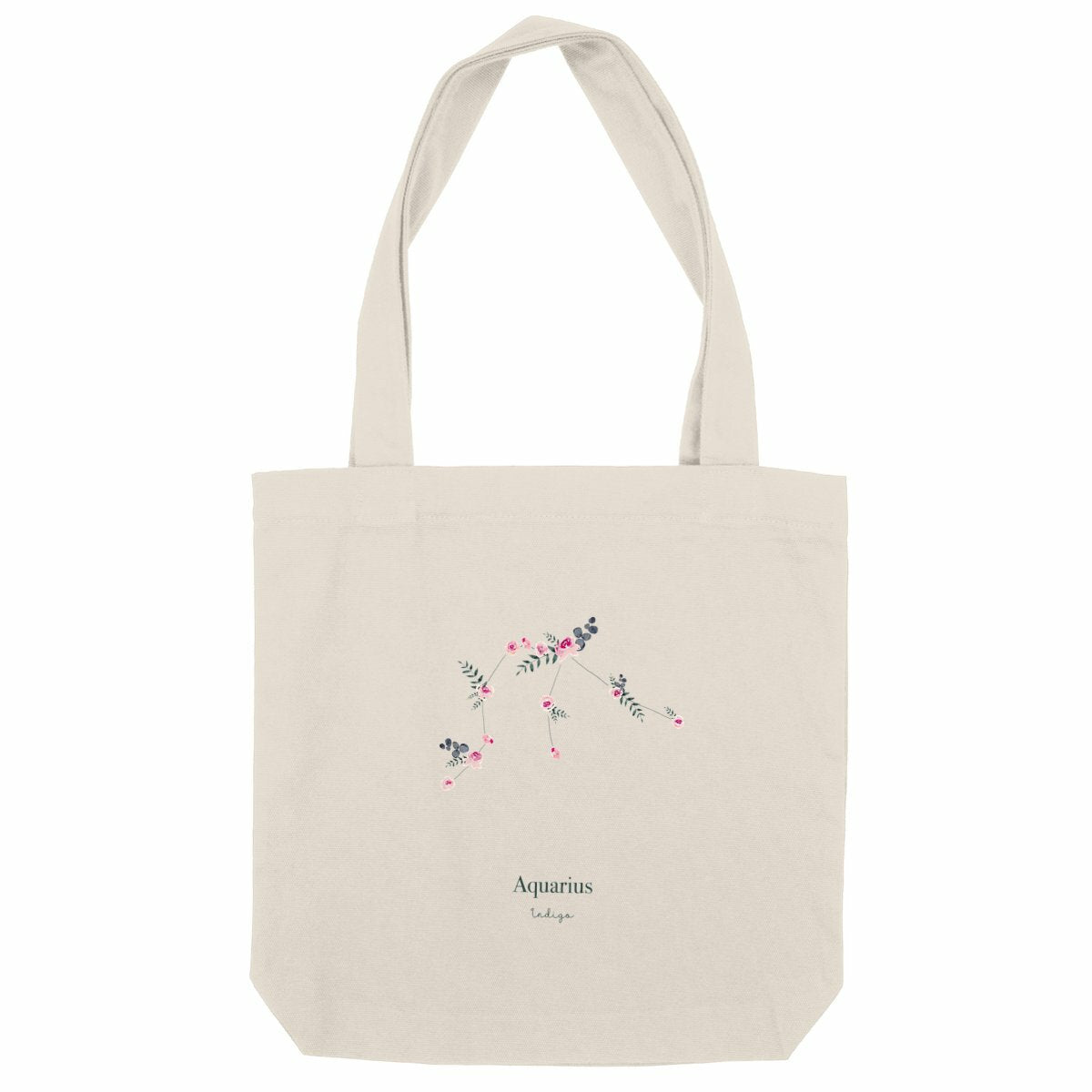 Tote bag recyclé "Aquarius", représentant la constellation du Verseau composée de fleurs lumineuses dans des tons doux et apaisants.