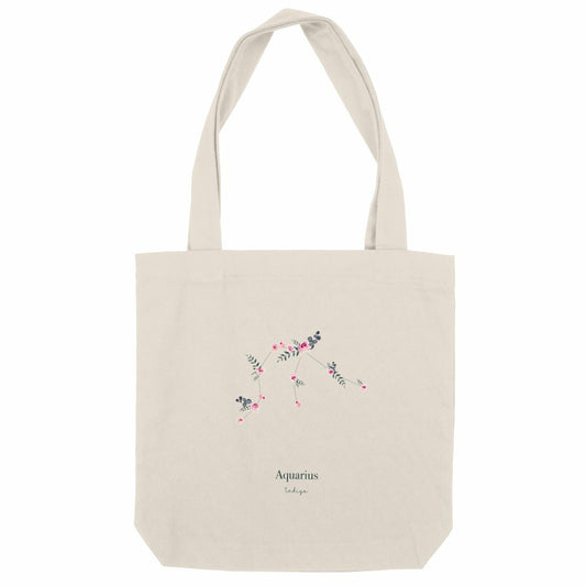 Tote bag recyclé "Aquarius", représentant la constellation du Verseau composée de fleurs lumineuses dans des tons doux et apaisants.