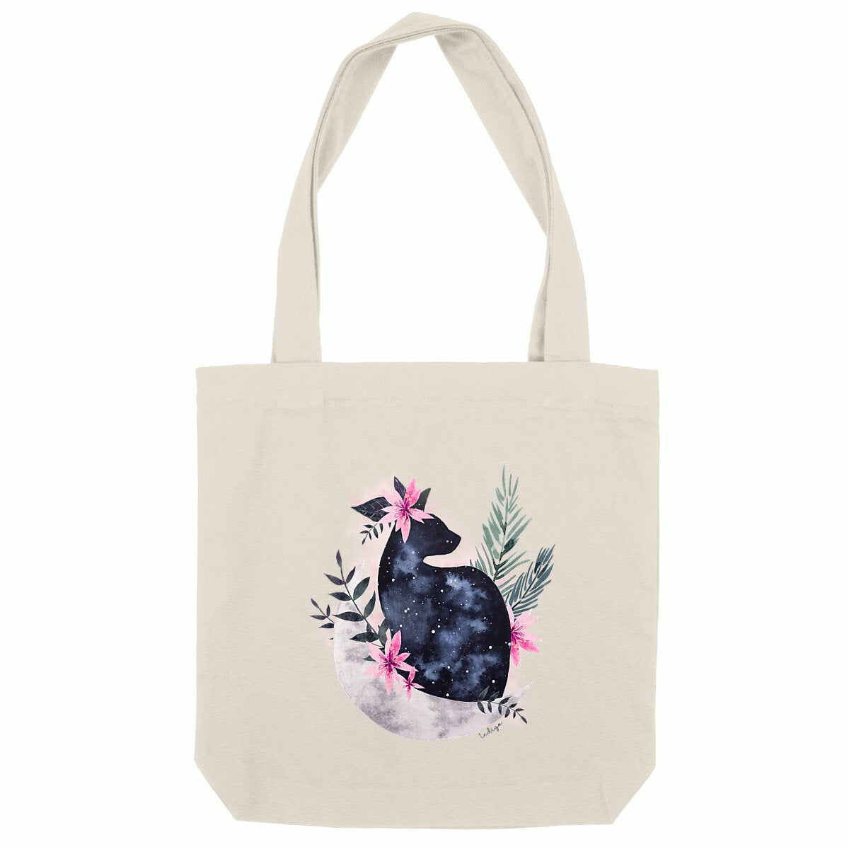 Tote bag recyclé "Bastet", représentant un chat aux couleurs du ciel nocturne étoilé, accompagné de fleurs, incarnant la douceur et le mystère inspirés de la déesse égyptienne.